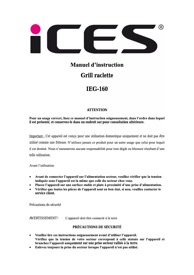 Page n°1 - Manuel utilisateur Ices IEG-160