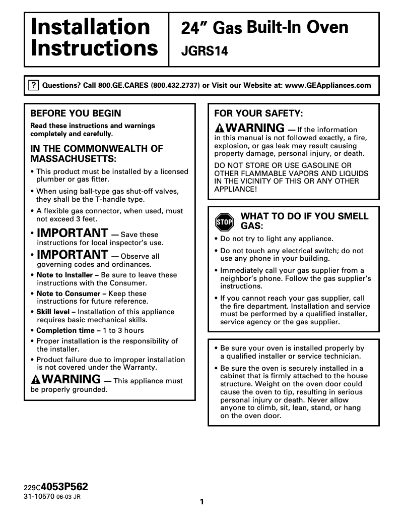 Page n°1 - Guide d'installation GE JGRS14BEWBB