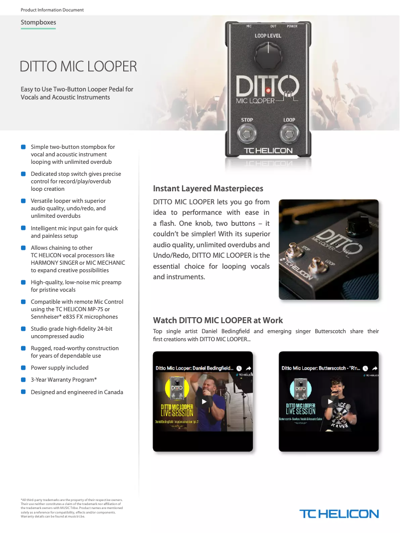 Page n°1 - Fiche technique TC Helicon Ditto Mic Looper