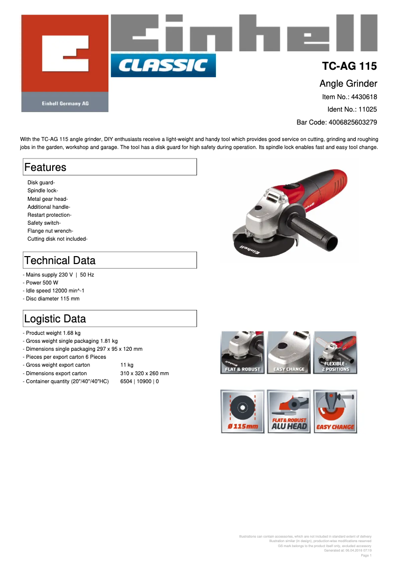 Page 1 de la notice Fiche technique Einhell TC-AG 115