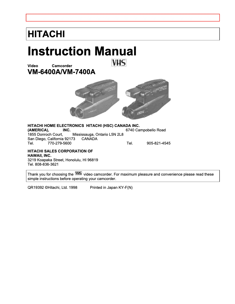 Page n°1 - Manuel utilisateur Hitachi VM-7400A
