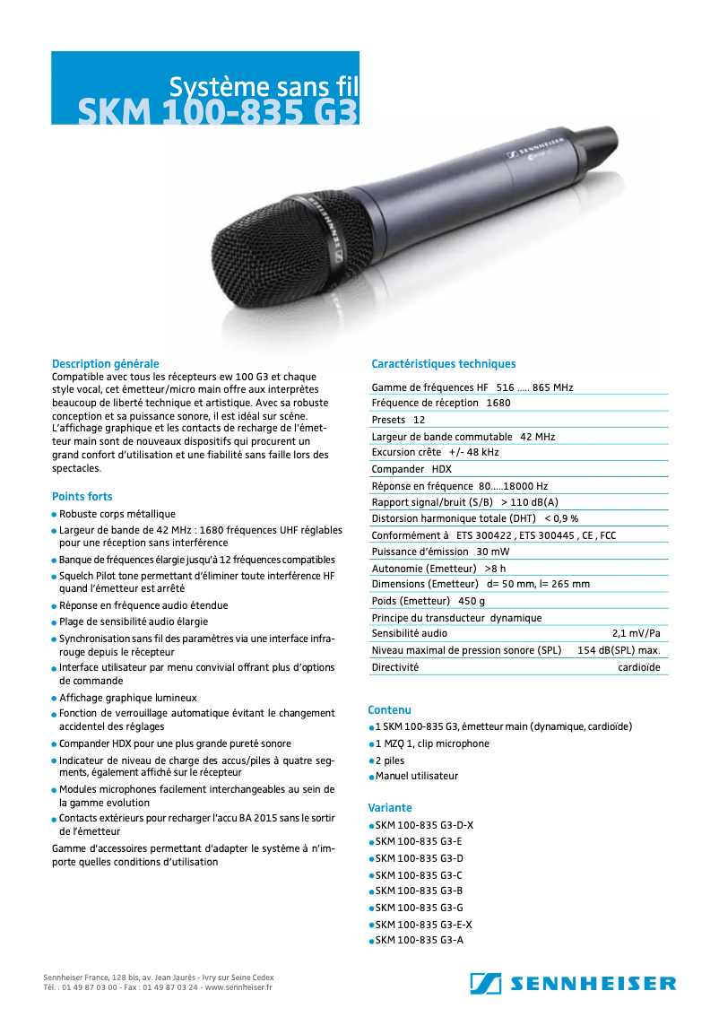 Page 1 de la notice Fiche technique Sennheiser SKM 100-835 G3