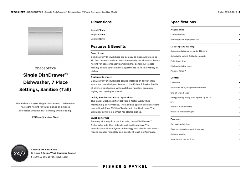 Page 1 de la notice Fiche technique Fisher & Paykel DD60SDFTX9