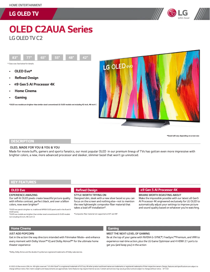 Page 1 de la notice Fiche technique LG OLED65C2PUA