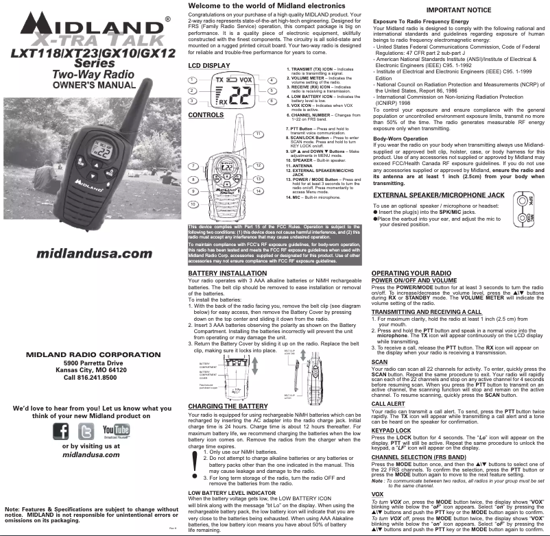 Page n°1 - Manuel utilisateur Midland LXT118VP
