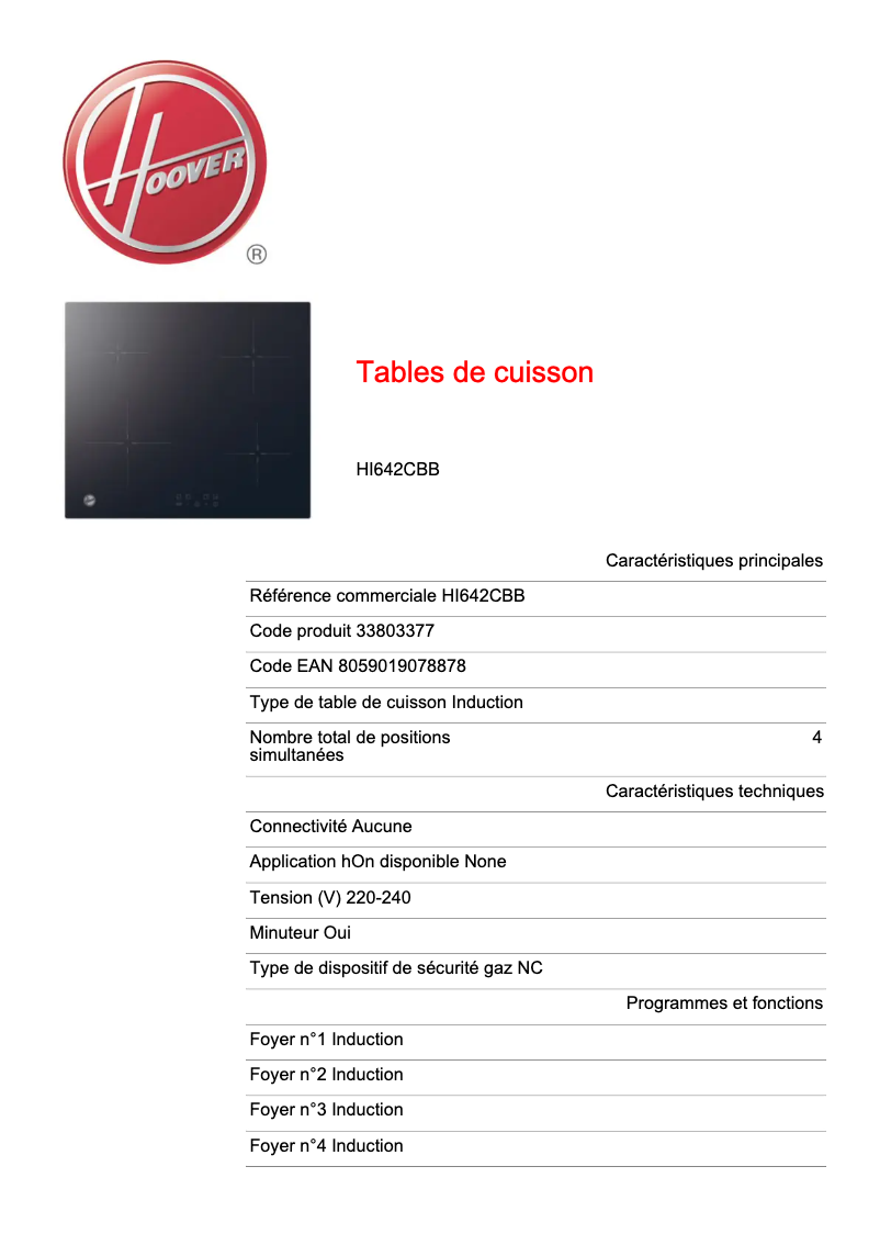 Page n°1 - Fiche technique Hoover HI642CBB