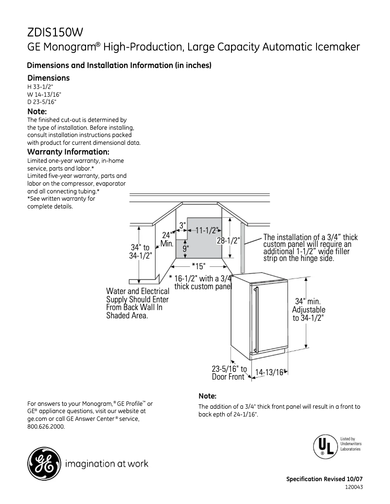 Page 1 de la notice Fiche technique GE ZDIS150WSS
