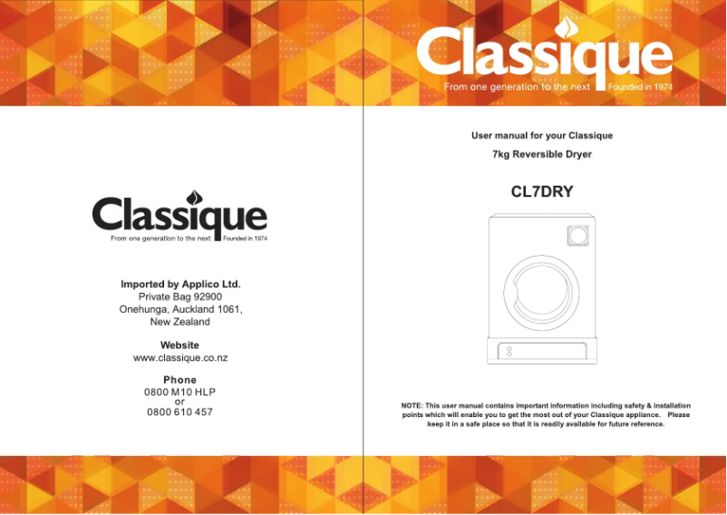 Page 1 de la notice Manuel utilisateur Classique CL7DRY