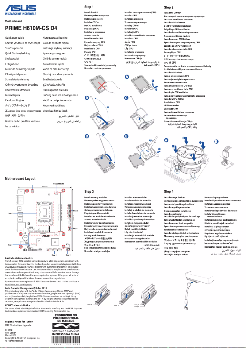 Page 1 de la notice Guide de démarrage rapide Asus Prime H610M-CS D4
