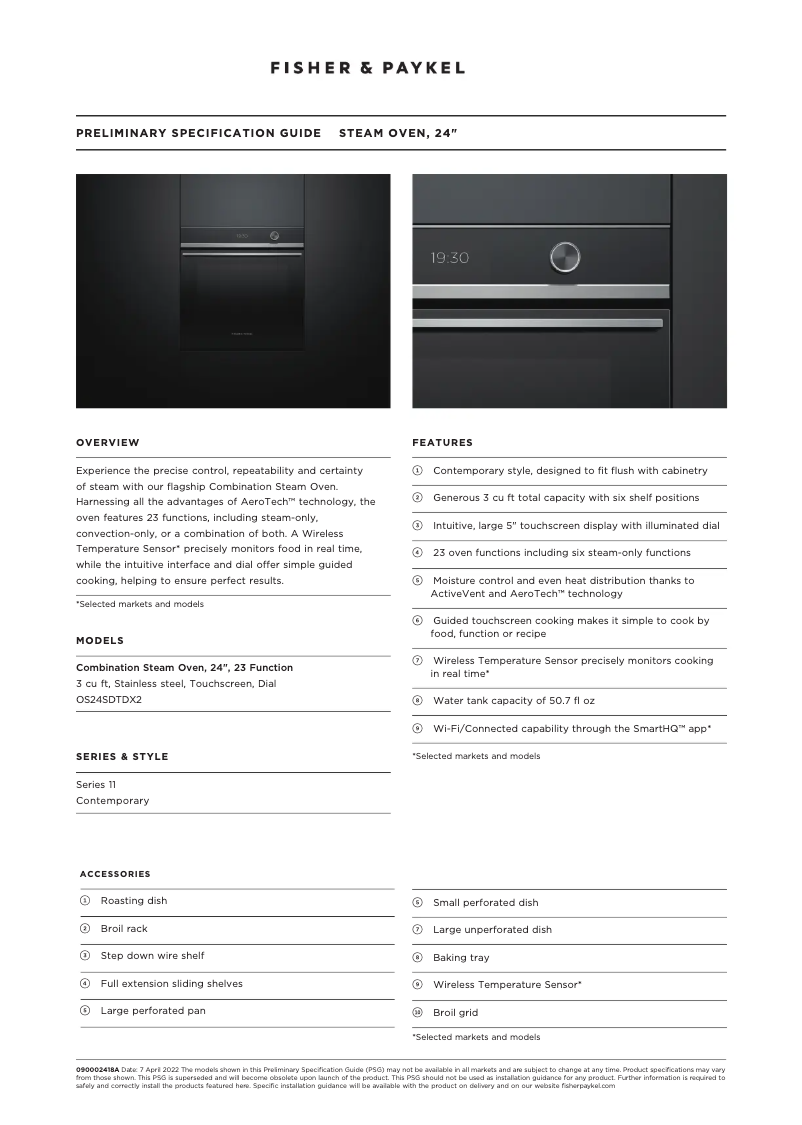 Page 1 de la notice Fiche technique Fisher & Paykel OS24SDTDX2