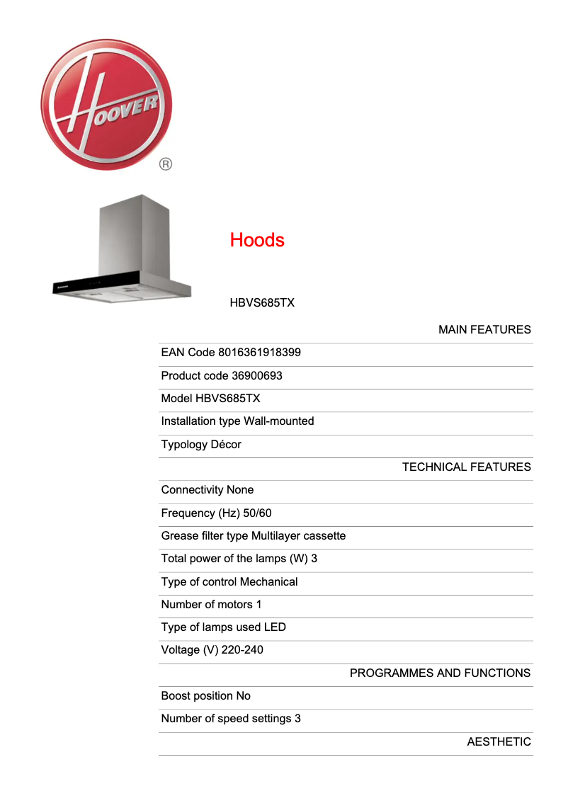 First page image of the manual for HBVS685TX