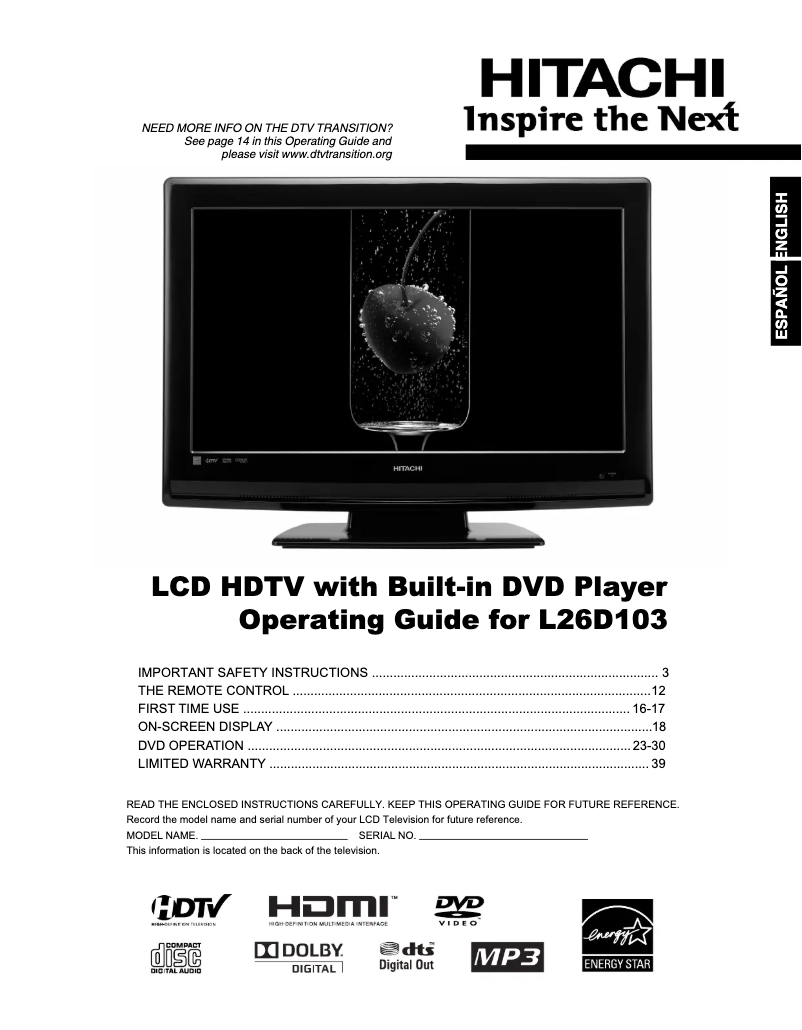 Page 1 de la notice Manuel utilisateur Hitachi L26D103