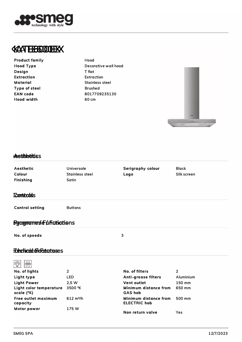 Page n°1 - Fiche technique Smeg KATE600EX