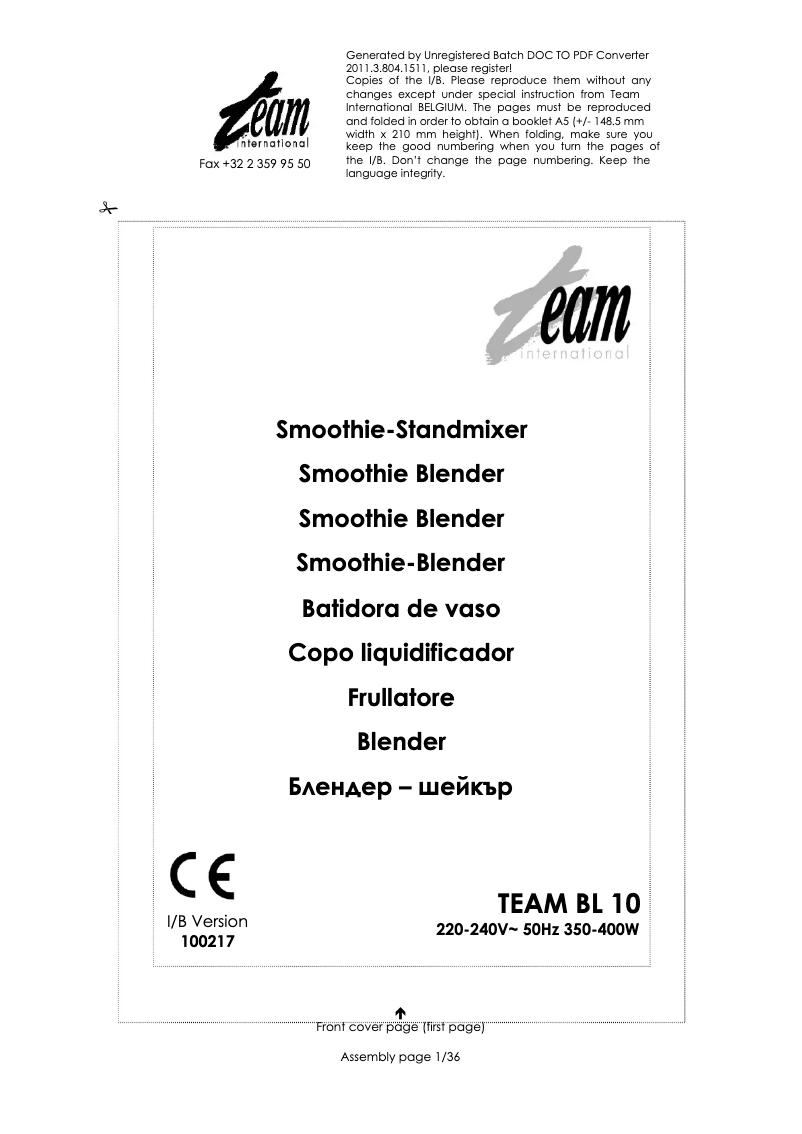 Page 1 de la notice Manuel utilisateur Team BL 10