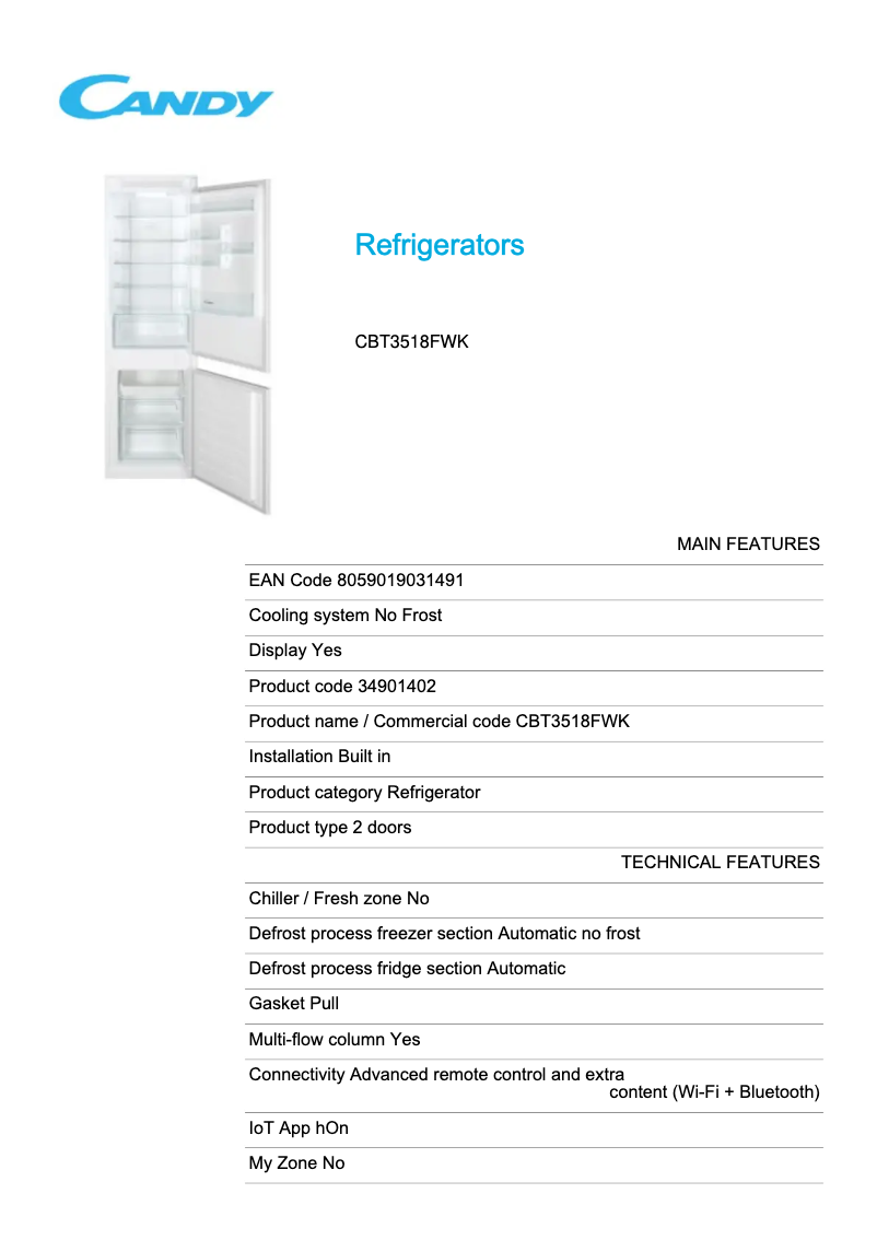 Page 1 de la notice Fiche technique Candy CBT3518FWK
