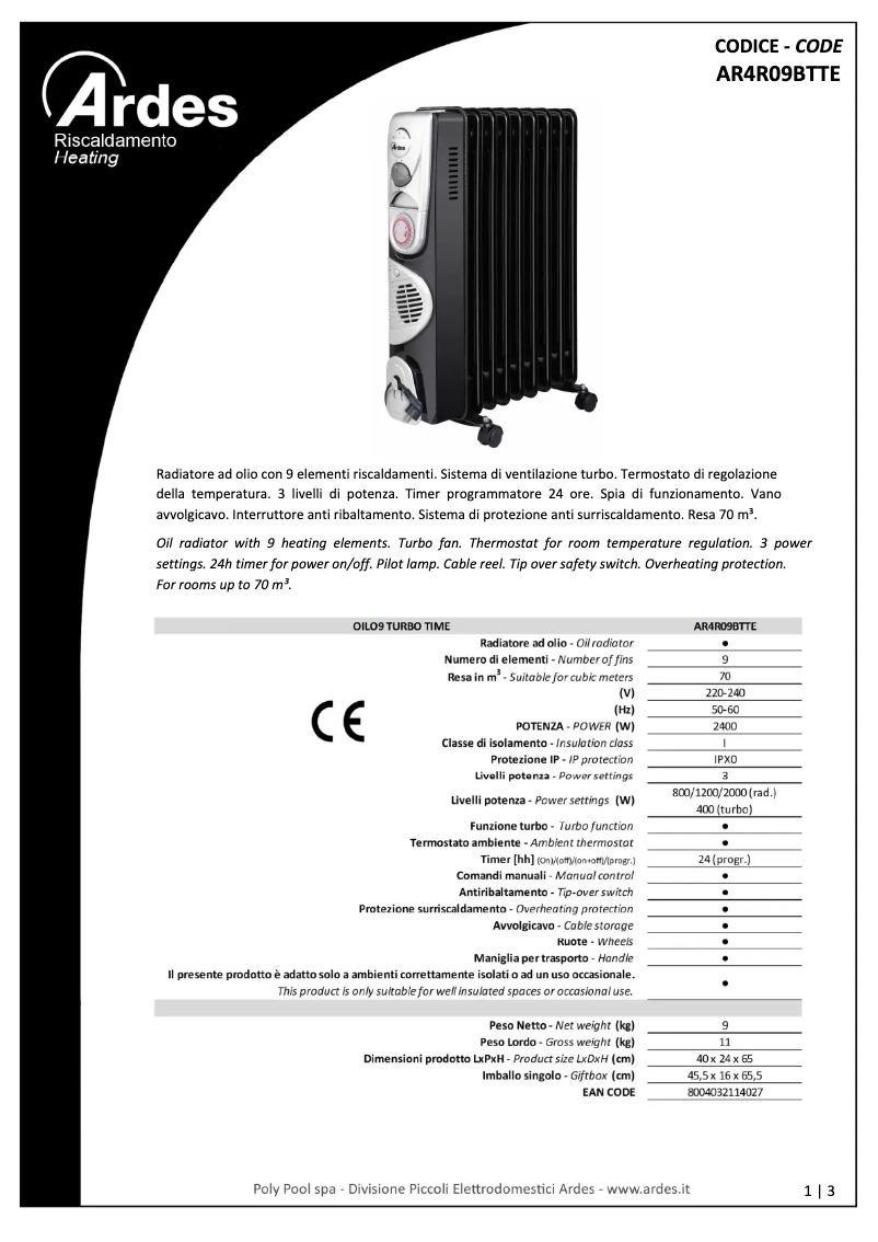 Página 1 del manual Ficha técnica Ardes AR4R09BTTE