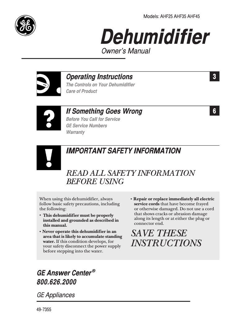Page 1 de la notice Manuel utilisateur GE AHF25LA