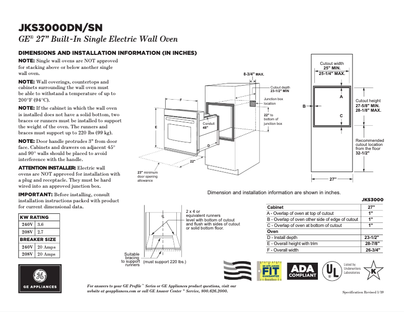 Page 1 de la notice Fiche technique GE JKS3000DNWW