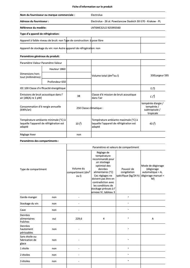 Page 1 de la notice Fiche technique Electrolux LNT6ME32U2