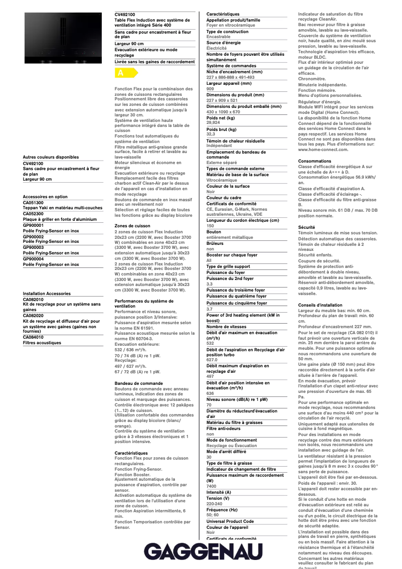 Página 1 del manual Ficha técnica Gaggenau CV492100