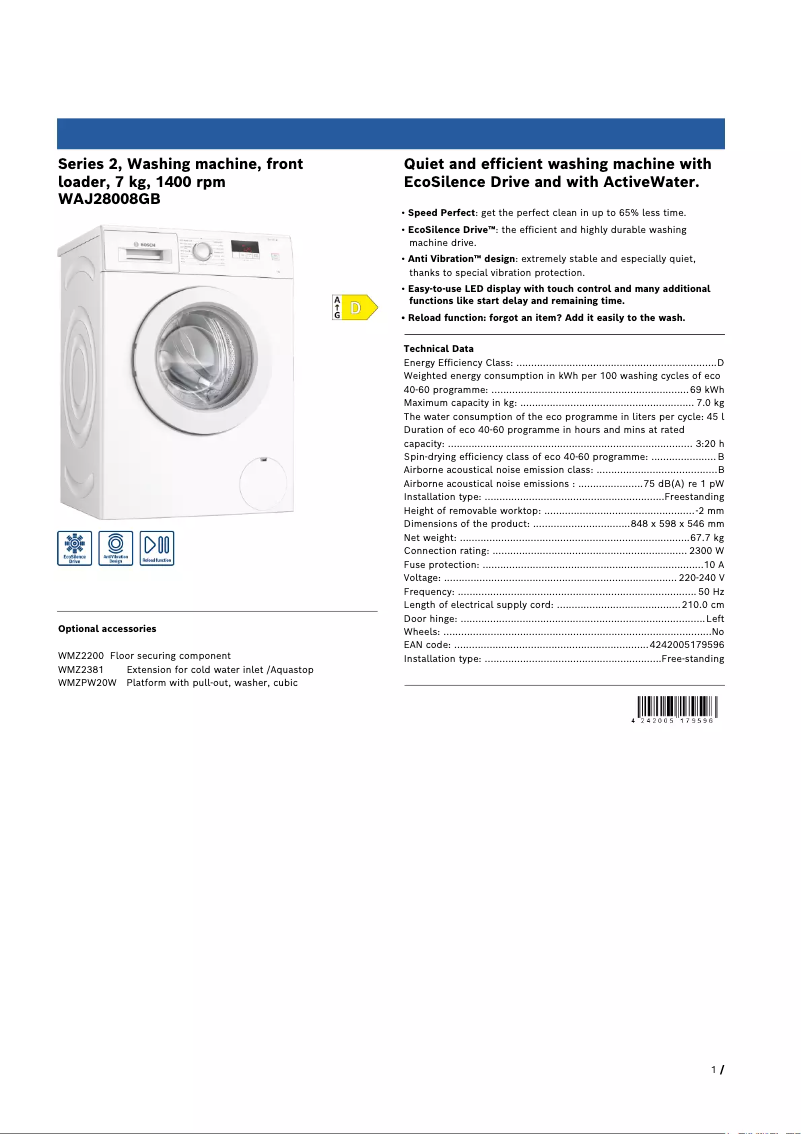 Page n°1 - Fiche technique Bosch Serie 2 WAJ28008GB