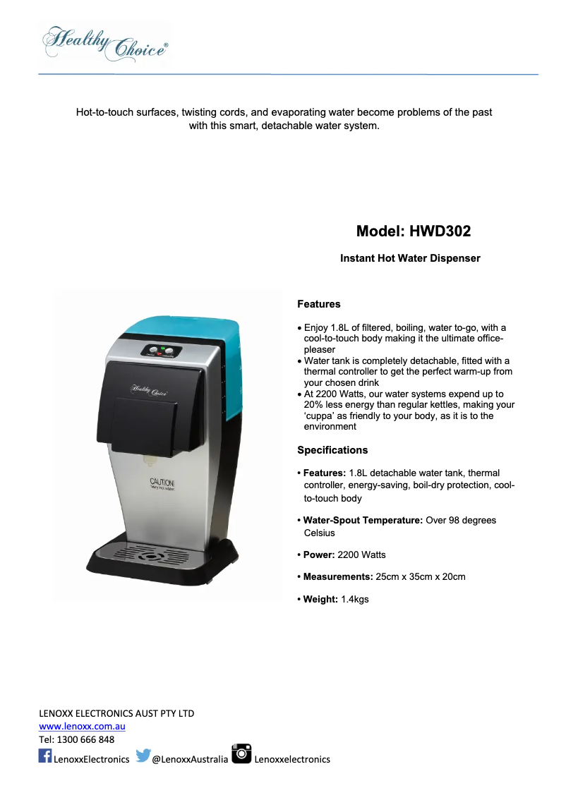 Page n°1 - Manuel utilisateur Healthy Choice HWD302