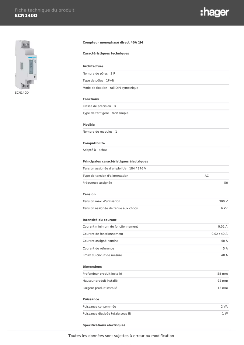 Page 1 de la notice Fiche technique Hager ECN140D