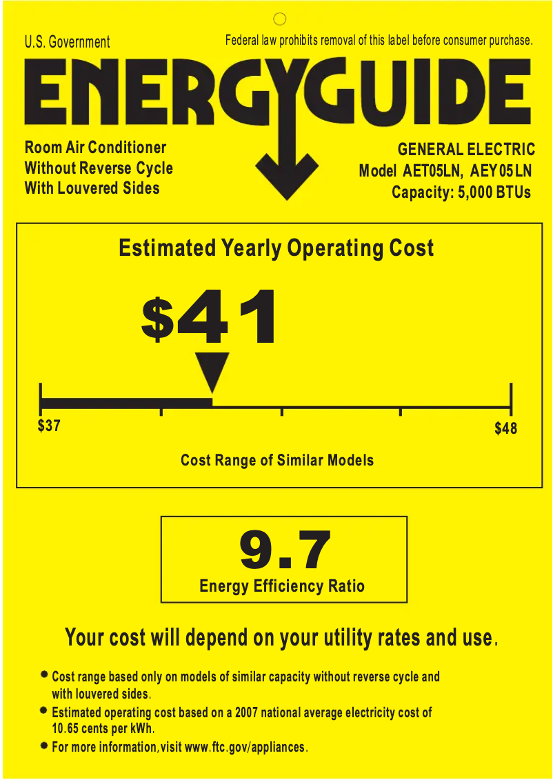 Page n°1 - Label énergétique GE AEY05LN