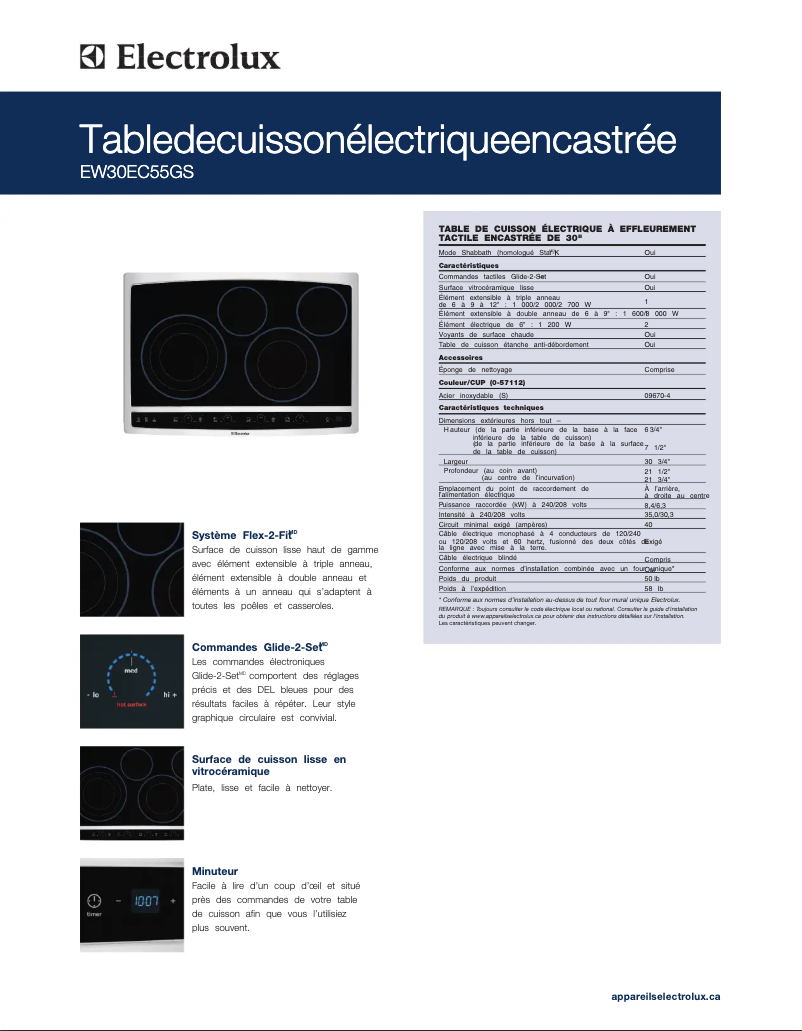 Page 1 de la notice Fiche technique Electrolux EW30EC55GS