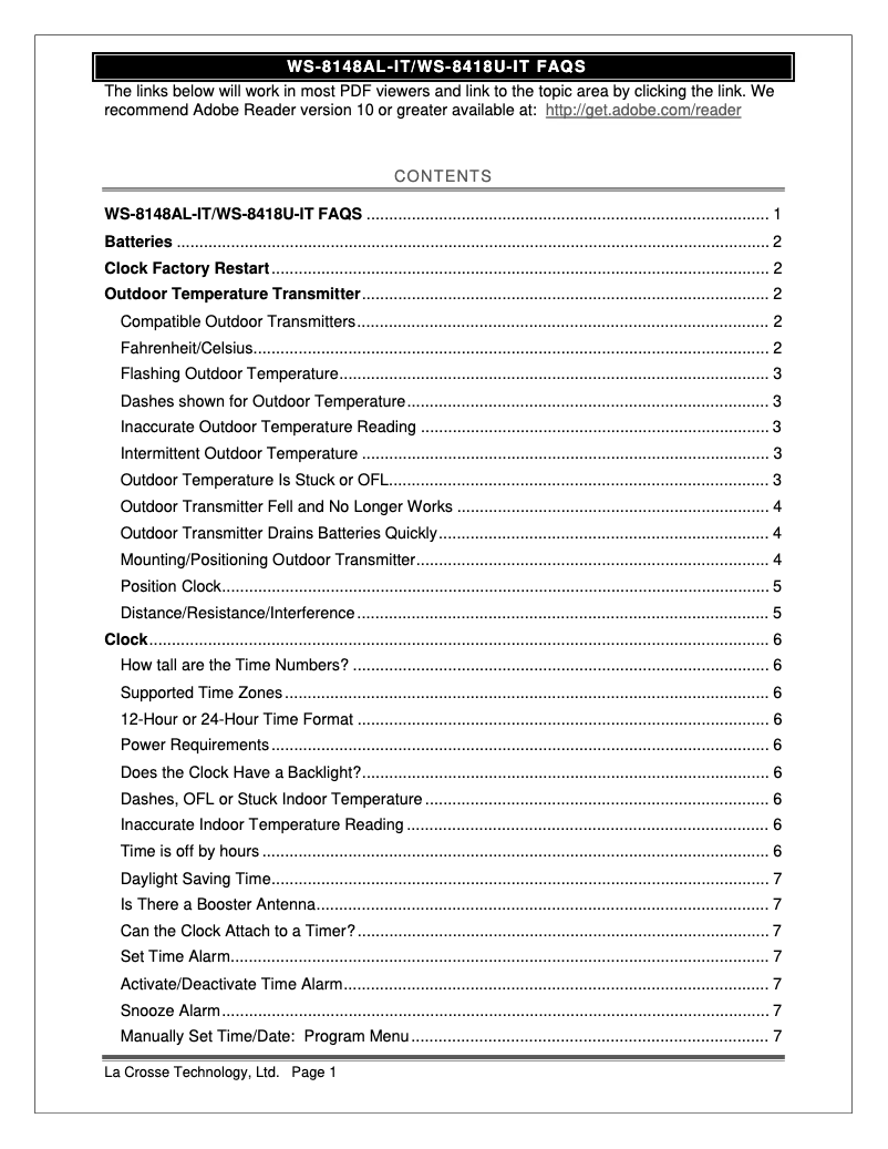 Page 1 de la notice FAQ La Crosse Technology WS-8418AL-IT