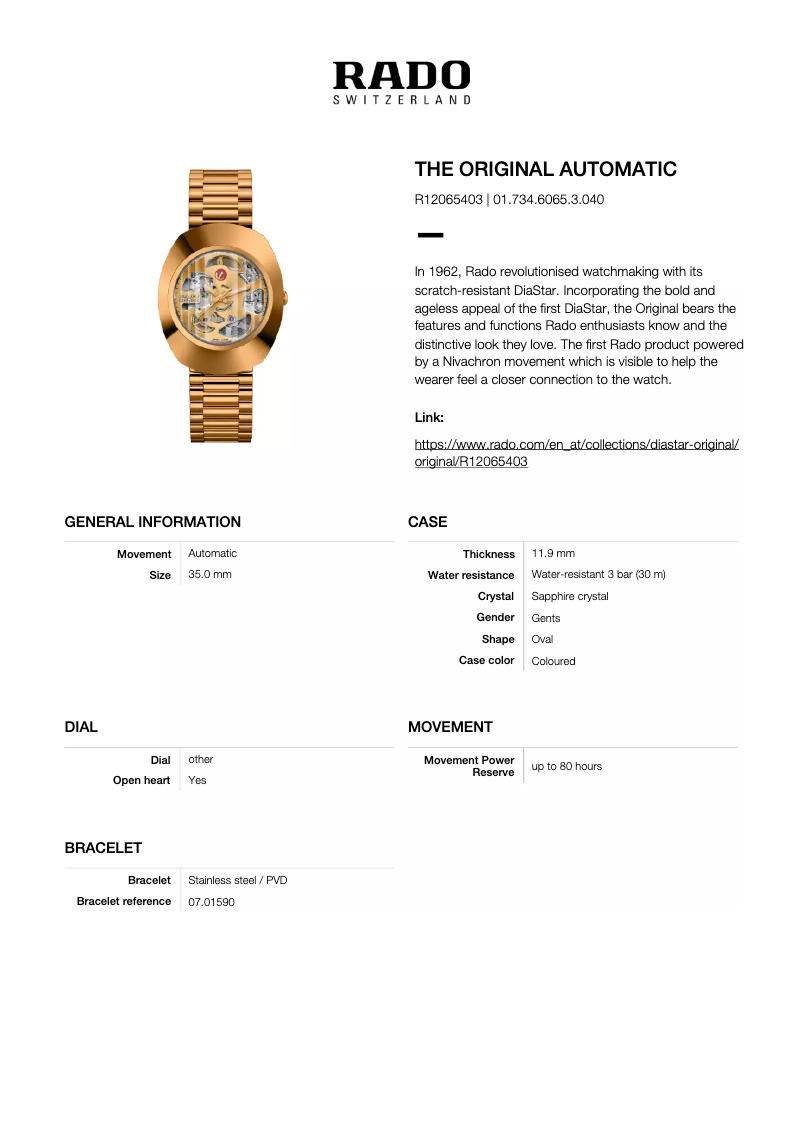 Page 1 de la notice Fiche technique Rado The Original Automatic R12065403