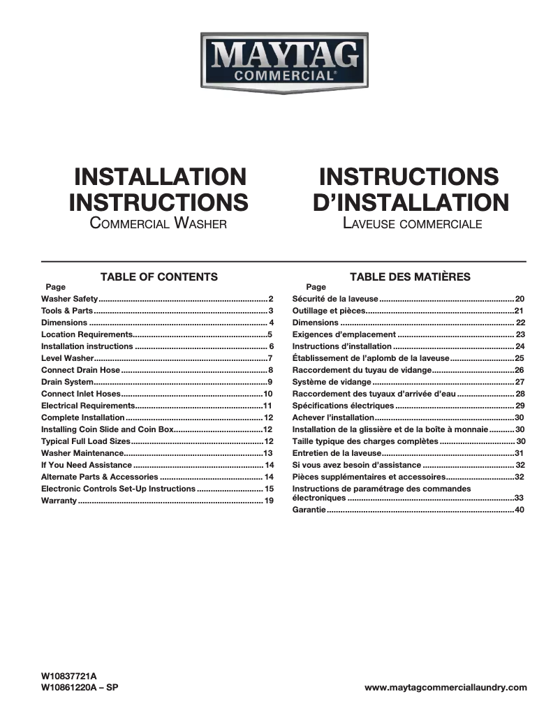 Page n°1 - Guide d'installation Maytag MAT20PR
