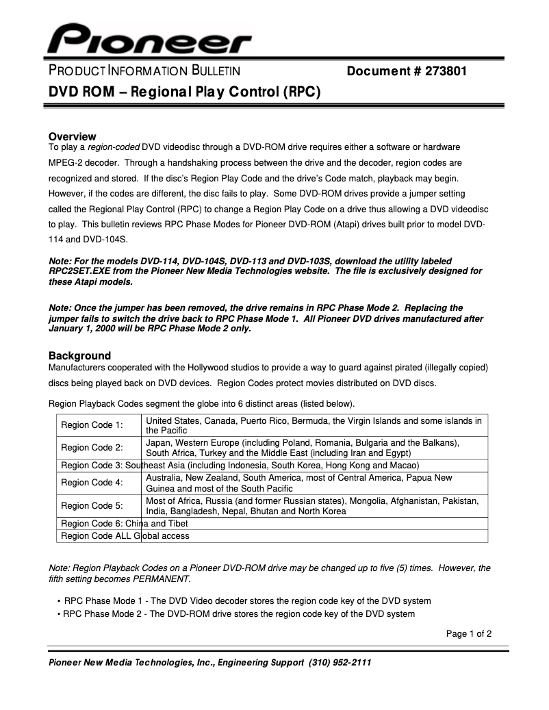 Page n°1 - Fiche technique Pioneer DVD-305S