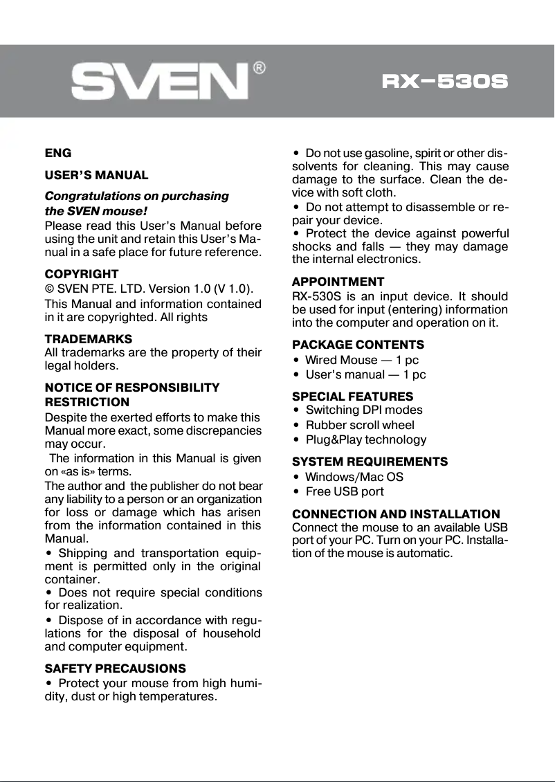 Page 1 de la notice Manuel utilisateur Sven RX-530S