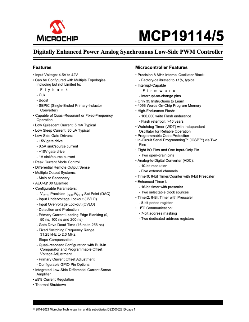 Page 1 de la notice Fiche technique Microchip MCP19114