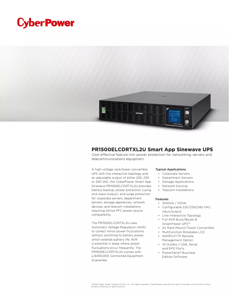 Page n°1 - Fiche technique CyberPower PR1500ELCDRTXL2U