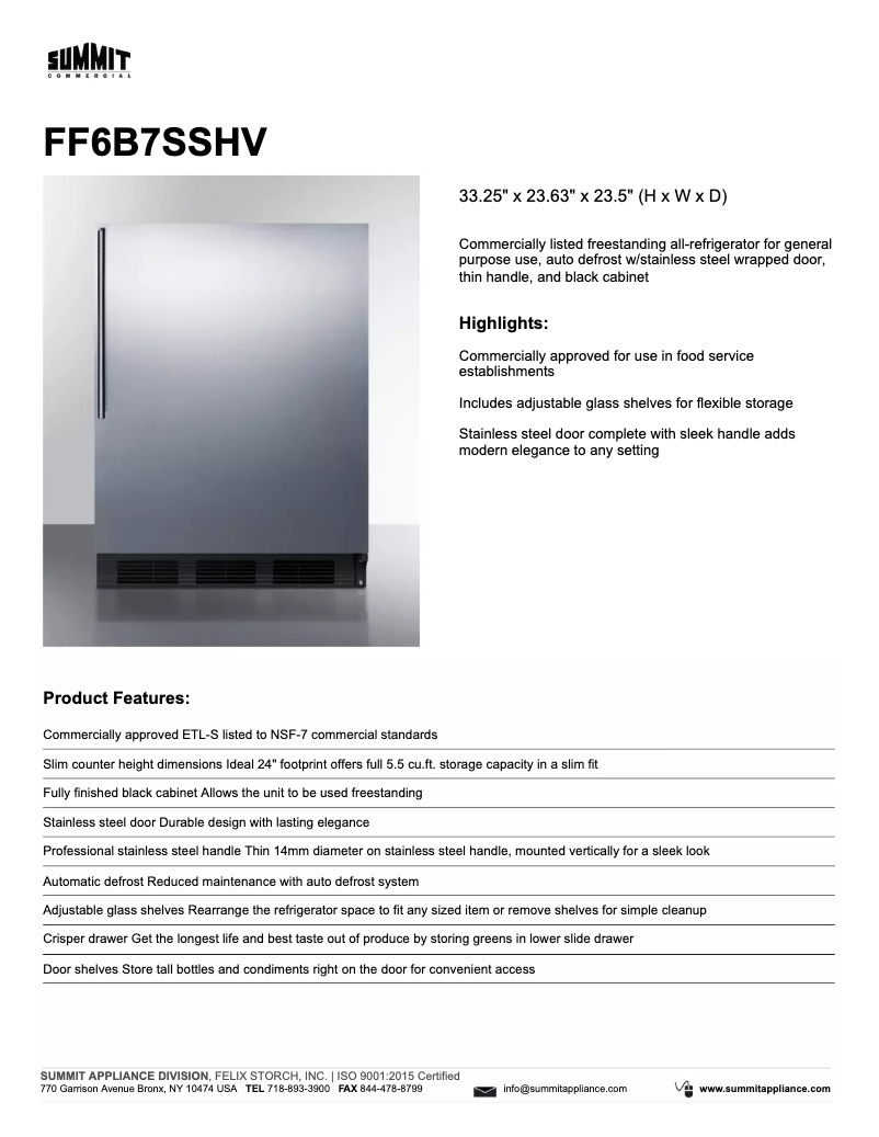 Page 1 de la notice Fiche technique Summit FF6B7SSHV