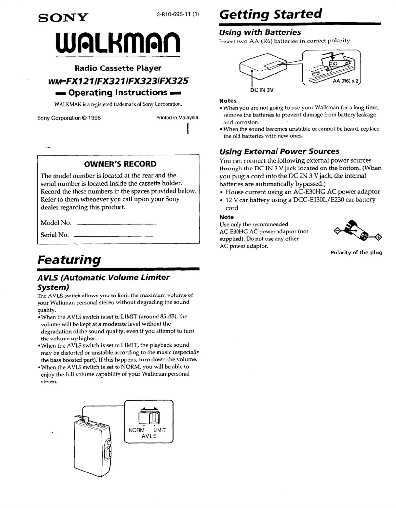 Page 1 de la notice Manuel utilisateur Sony Walkman WM-FX323