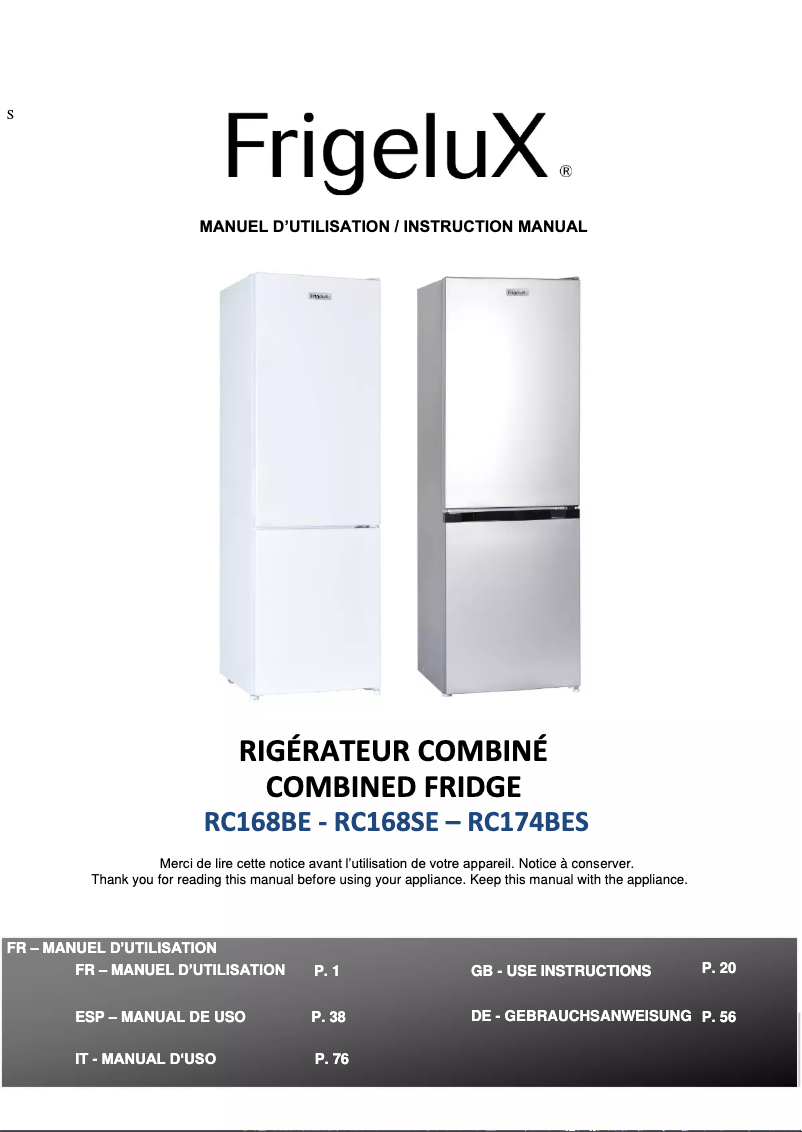 Page n°1 - Manuel utilisateur FrigeluX RC168BE