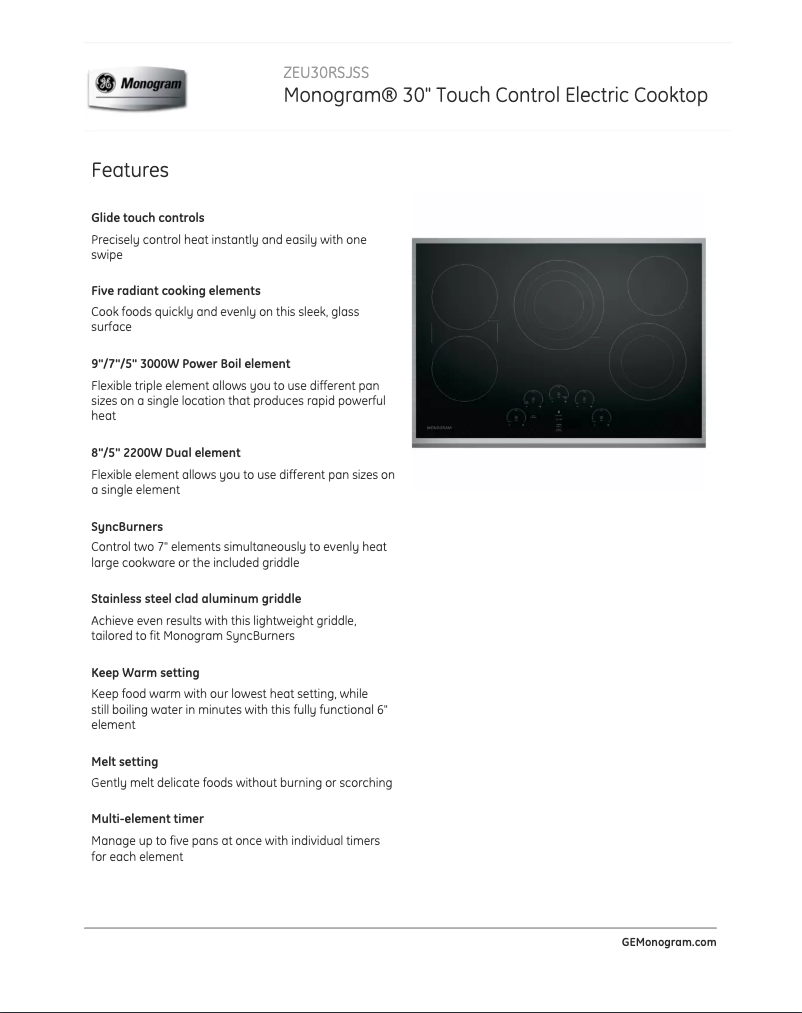 Page n°1 - Fiche technique Monogram ZEU30RSJSS