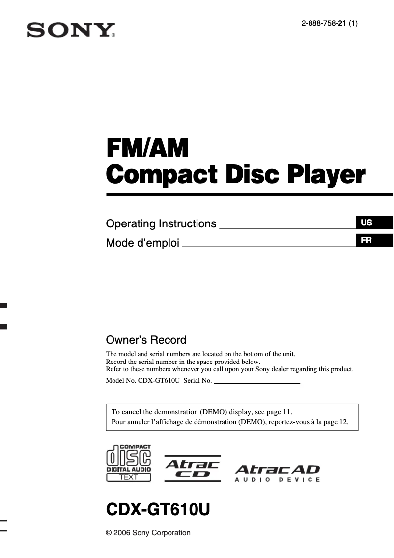 Page 1 de la notice Manuel utilisateur Sony CDX-GT610U