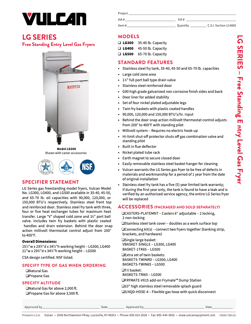 Page 1 de la notice Fiche technique Vulcan LG400