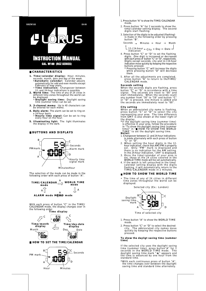 Page n°1 - Manuel utilisateur Lorus W160