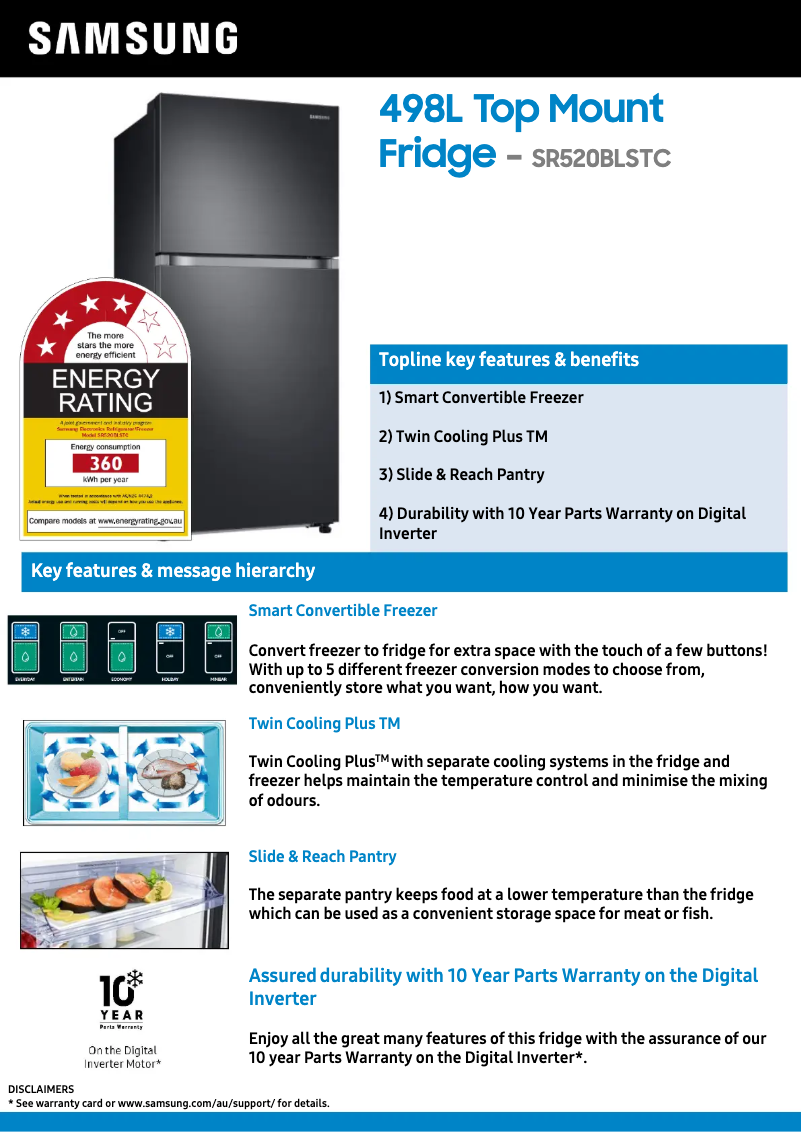 Page 1 de la notice Fiche technique Samsung SR520BLSTC