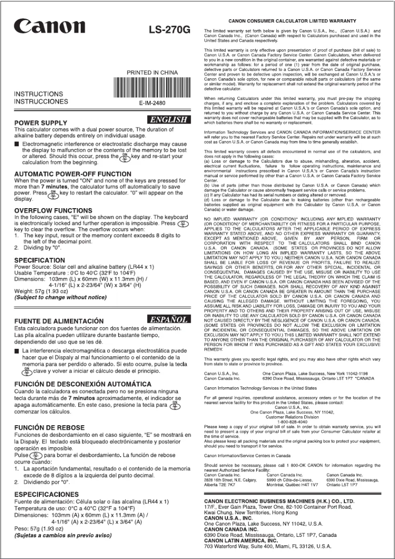 Page 1 de la notice Manuel utilisateur Canon LS-270G