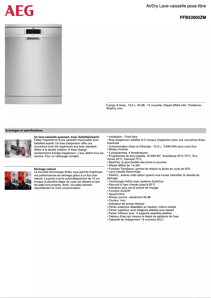 Page 1 de la notice Fiche technique AEG FFB53900ZM