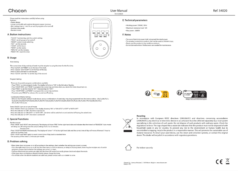 Page 1 de la notice Manuel utilisateur Chacon 54020