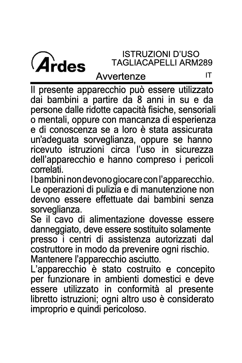 Image de la première page du manuel de l'appareil ARM289