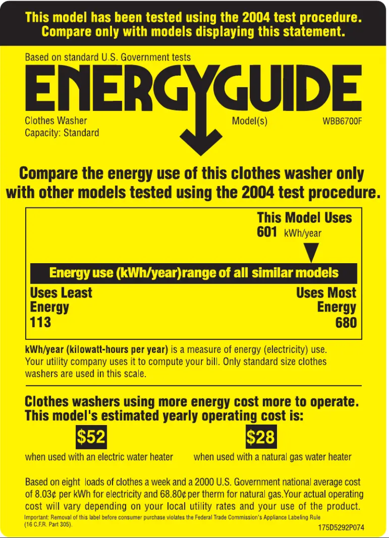 Page 1 de la notice Label énergétique GE WBB6700FGG