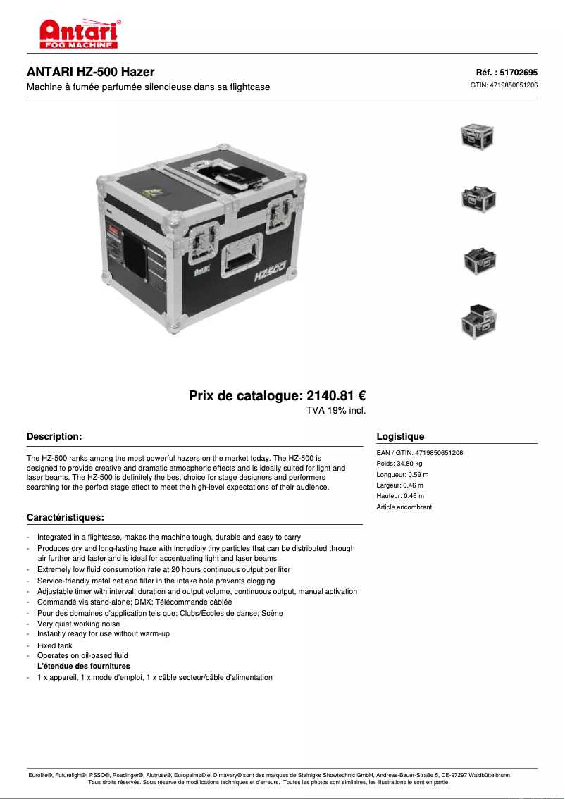 Page 1 de la notice Fiche technique Antari HZ-500